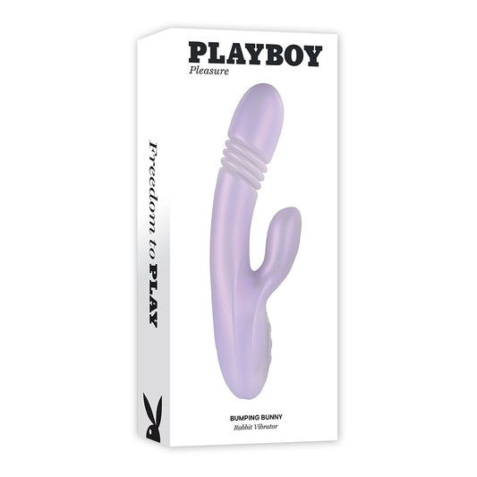 Playboy Bumping Bunny Rechargeable Thrusting Warming Silicone Dual Stimulation Vibrator Opal - Red Garter