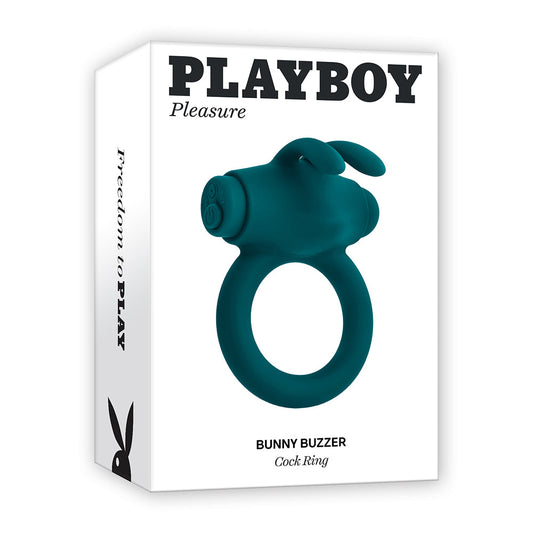 Playboy Bunny Buzzer Rechargeable Vibrating Silicone Cockring with Stimulator Deep Teal - Red Garter