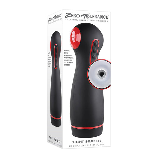 Zero Tolerance Tight Squeeze Rechargeable Vibrating Squeezing Talking Stroker TPE Black/Red - Red Garter