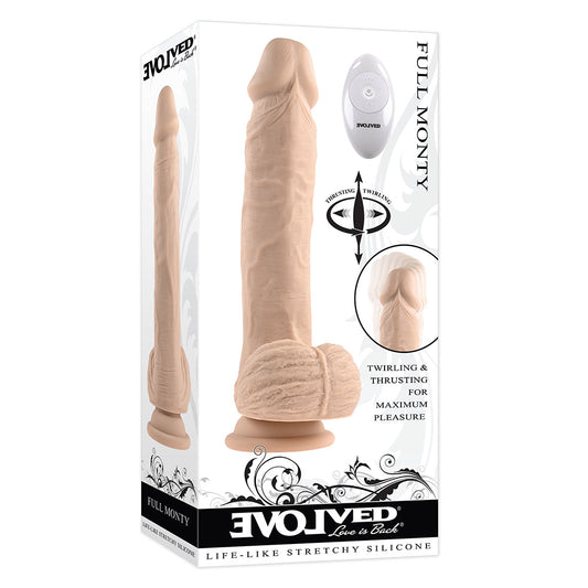 Evolved Full Monty Rechargeable Remote-Controlled Thrusting Twirling 9 in. Silicone Dildo Light - Red Garter