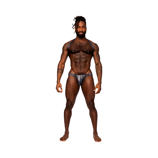 Male Power S''naked Shoulder Sling Harness Thong One-Piece Black/Blue S/M - Red Garter