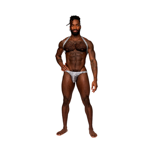 Male Power S''naked Shoulder Sling Harness Thong One-Piece Silver/Black S/M - Red Garter