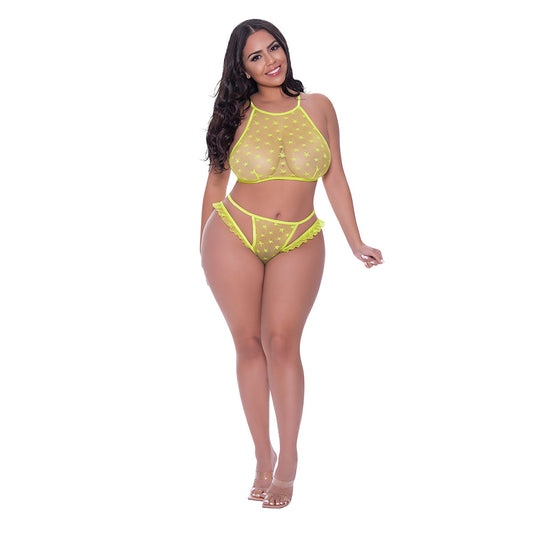 Magic Silk Love Star Halter Crop Bra & Cheeky Panty Set Neon Chartreuse Queen Size - Red Garter