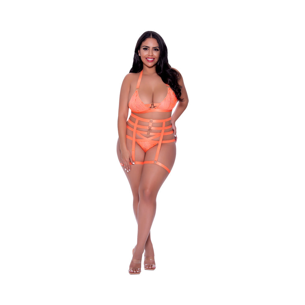 Magic Silk Rude Awakening Bralette, Thigh High Garter & Cheeky Panty Set Neon Orange Queen Size - Red Garter