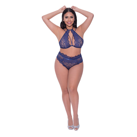 Magic Silk Berrylicious Halter & Lace Up Panty Set Blueberry Queen Size - Red Garter