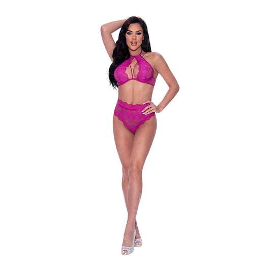 Magic Silk Berrylicious Halter & Lace Up Panty Set Raspberry S/M - Red Garter