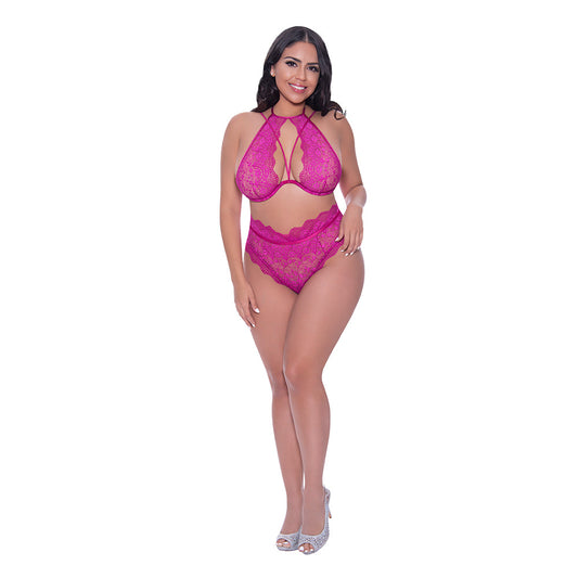 Magic Silk Berrylicious Halter & Lace Up Panty Set Raspberry Queen Size - Red Garter