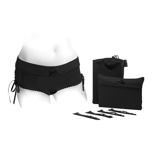 SpareParts Sasha Cinch Booty Short Harness Black Size XXS - Red Garter