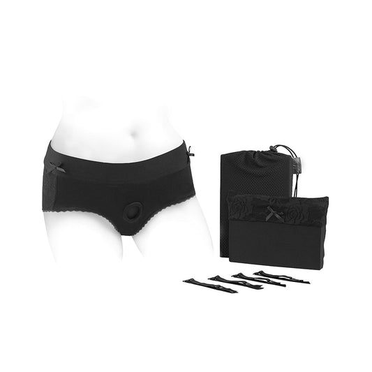 SpareParts Bella Cleavage Booty Short Harness Black Size S - Red Garter