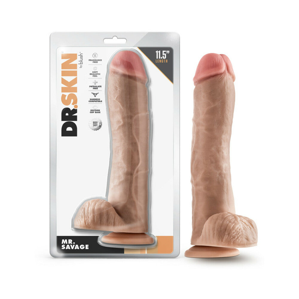 Dr. Skin Mr. Savage 11.5 in. Dildo with Balls Beige - Red Garter
