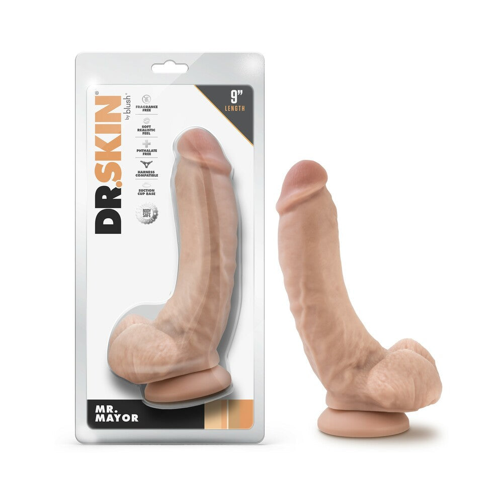 Dr. Skin Mr. Mayor 9 in. Dildo with Balls Beige - Red Garter