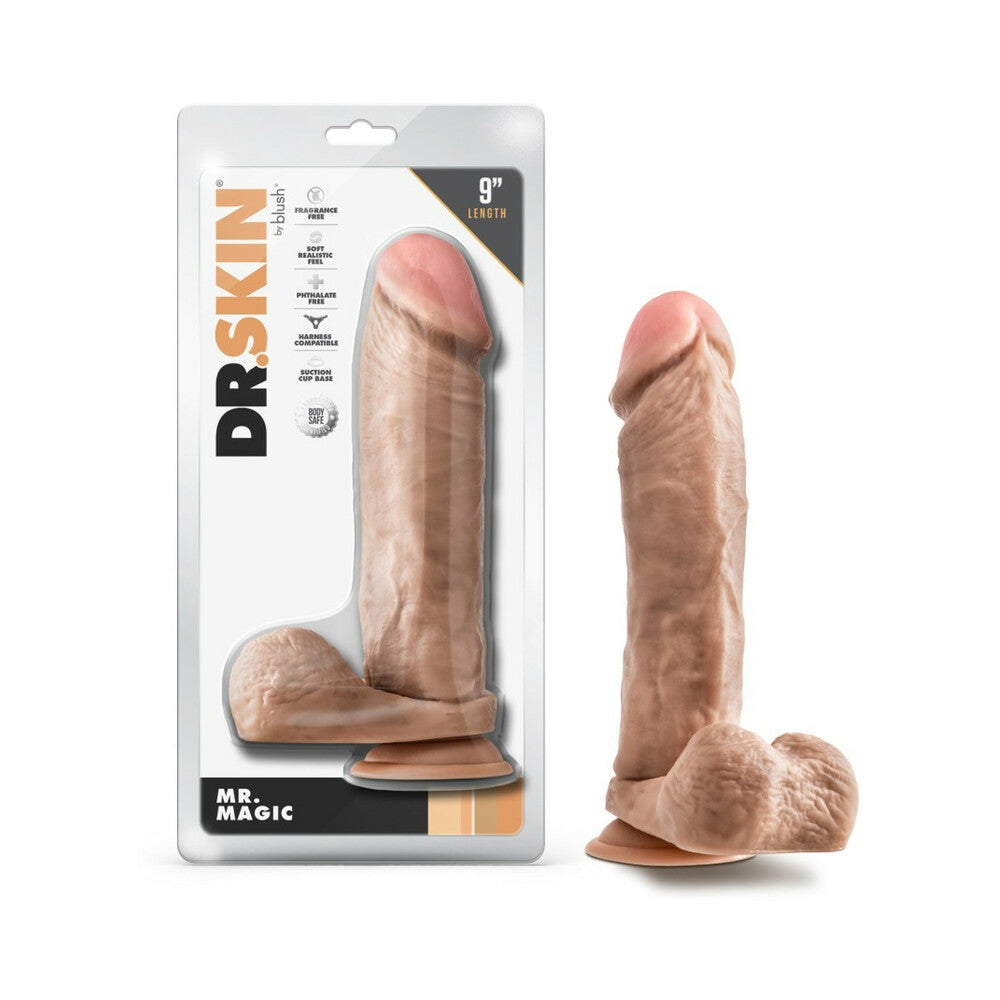 Dr. Skin Mr. Magic 9 in. Dildo with Balls Beige - Red Garter