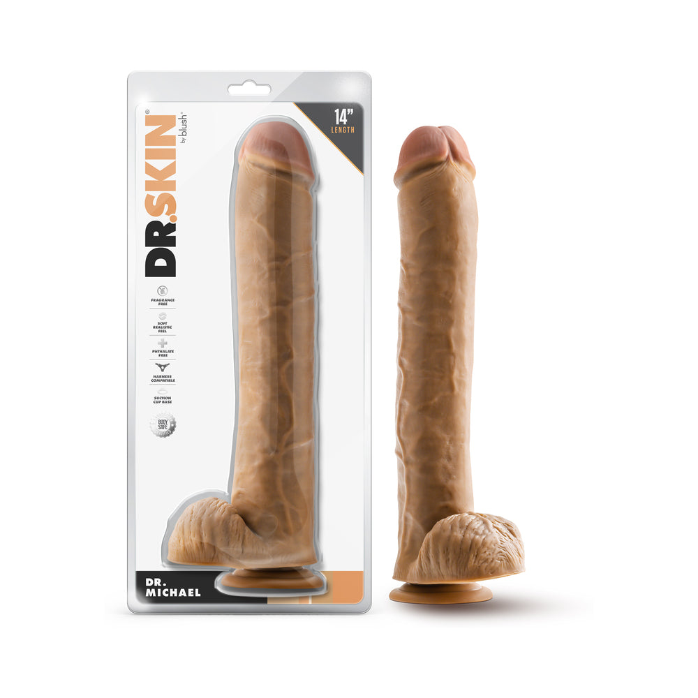 Dr. Skin Dr. Michael 14 in. Dildo with Balls Tan - Red Garter