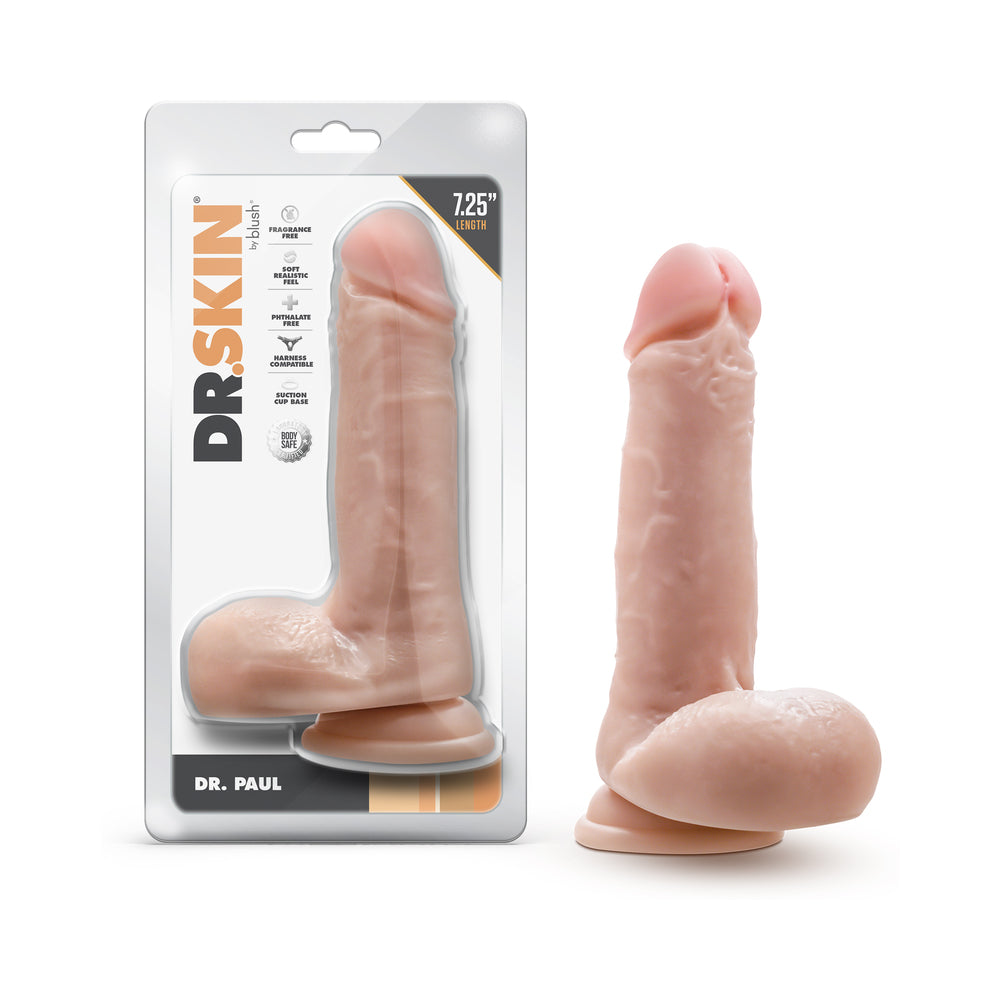 Dr. Skin Dr. Paul 7.25 in. Dildo with Balls Beige - Red Garter