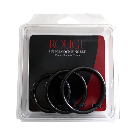 Rouge Stainless Steel 3 Piece Cock Ring Set (45/50/55mm) Black - Red Garter