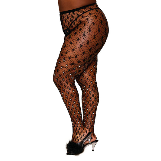 Dreamgirl Geometric Fence Net Pantyhose with Rhinestone Embellishment Black Queen Size - Red Garter