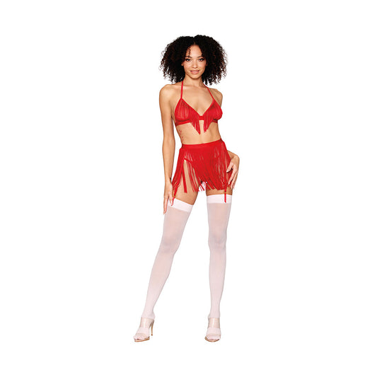 Dreamgirl Chainette Fringe Bralette, Garter Belt, and G-String Set Ruby O/S - Red Garter