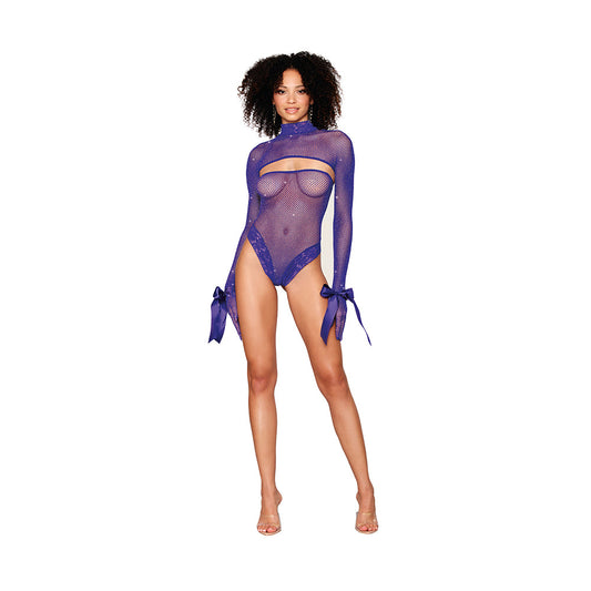 Dreamgirl Metallic Fishnet Seamless Teddy and Matching Shrug Restraint Violet O/S - Red Garter
