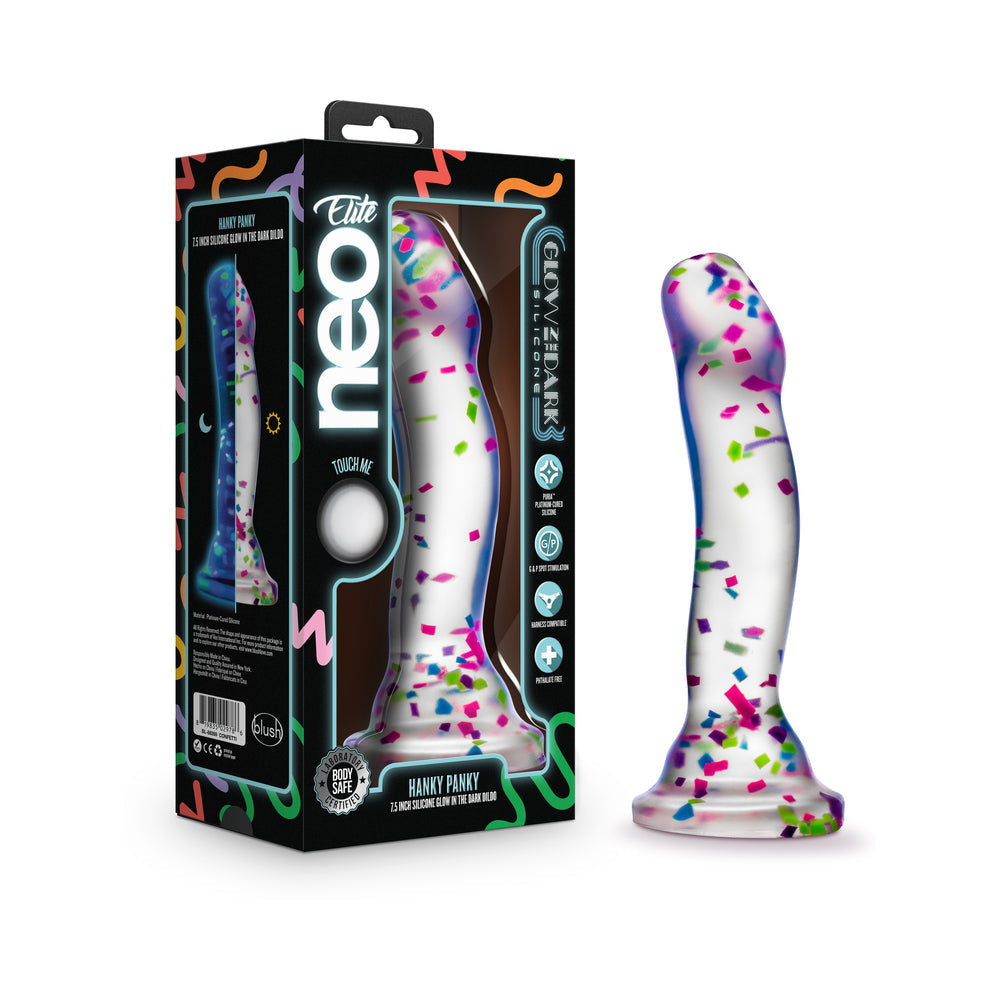 Neo Elite Hanky Panky 7.5 in. Glow-in-the-Dark Silicone Confetti Dildo - Red Garter