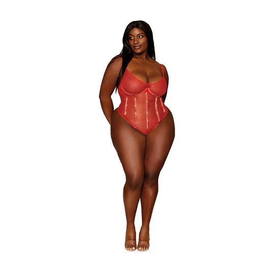Dreamgirl Gold-foiled Stretch Mesh Teddy with Rhinestone Detailing and Heat-Sealed Edges Ruby 1XL - Red Garter