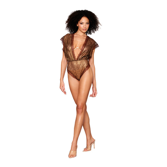 Dreamgirl Delicate Gold-Foil Lace Blouson Teddy & Rhinestone Metal Underwire Bra Set Gold S - Red Garter
