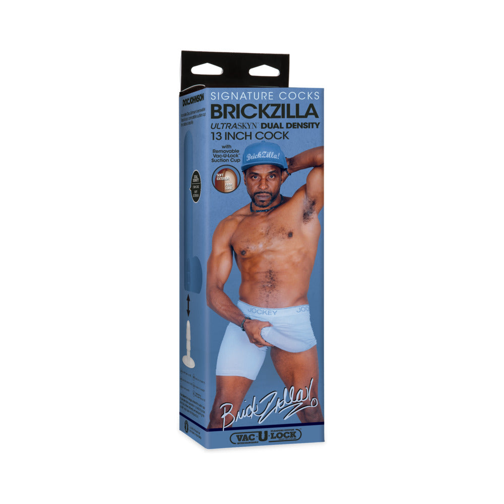 Signature Cocks Brickzilla ULTRASKYN Cock with Removable Vac-U-Lock Suction Cup 13in Chocolate - Red Garter