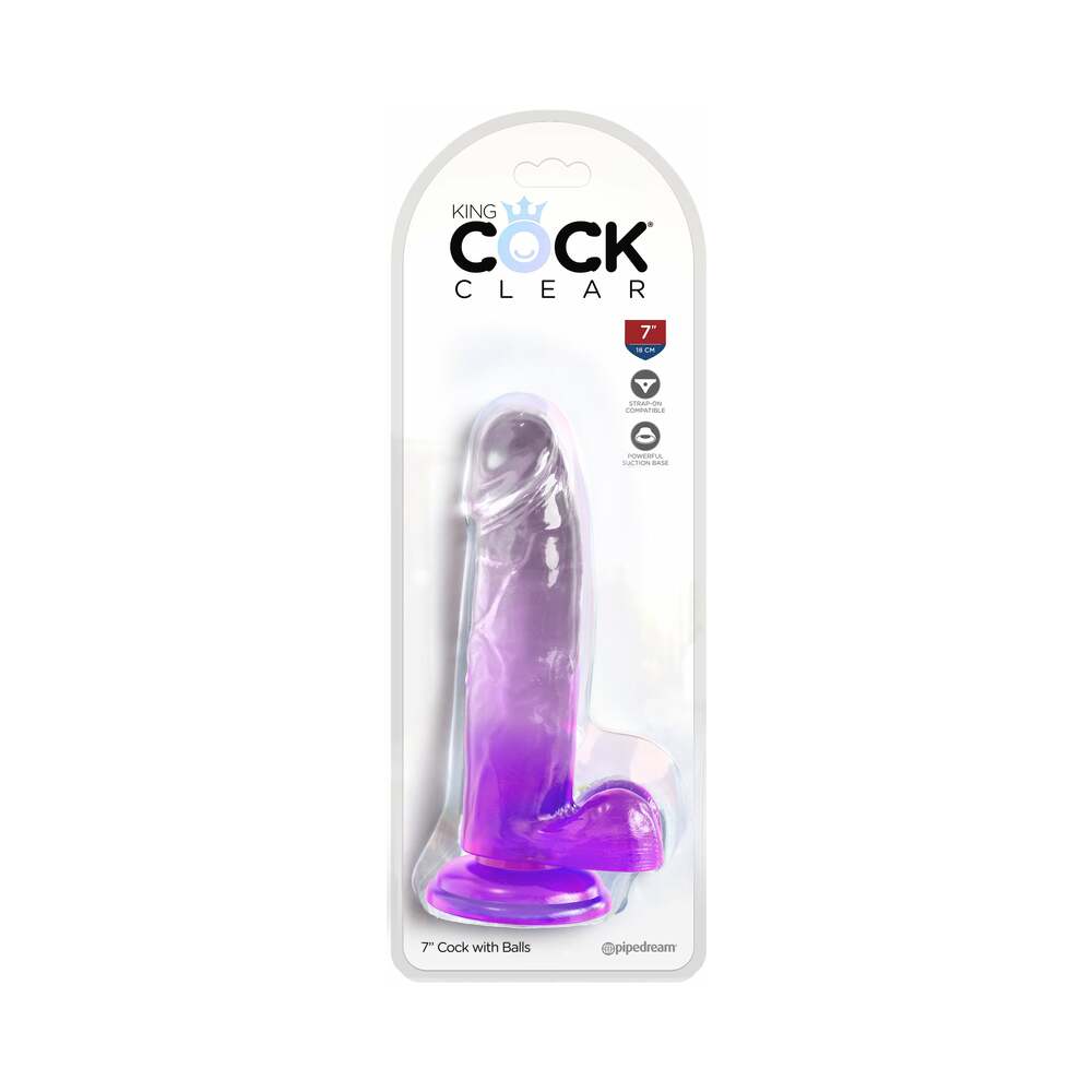 King Cock Clear with Balls 7in Purple - Red Garter