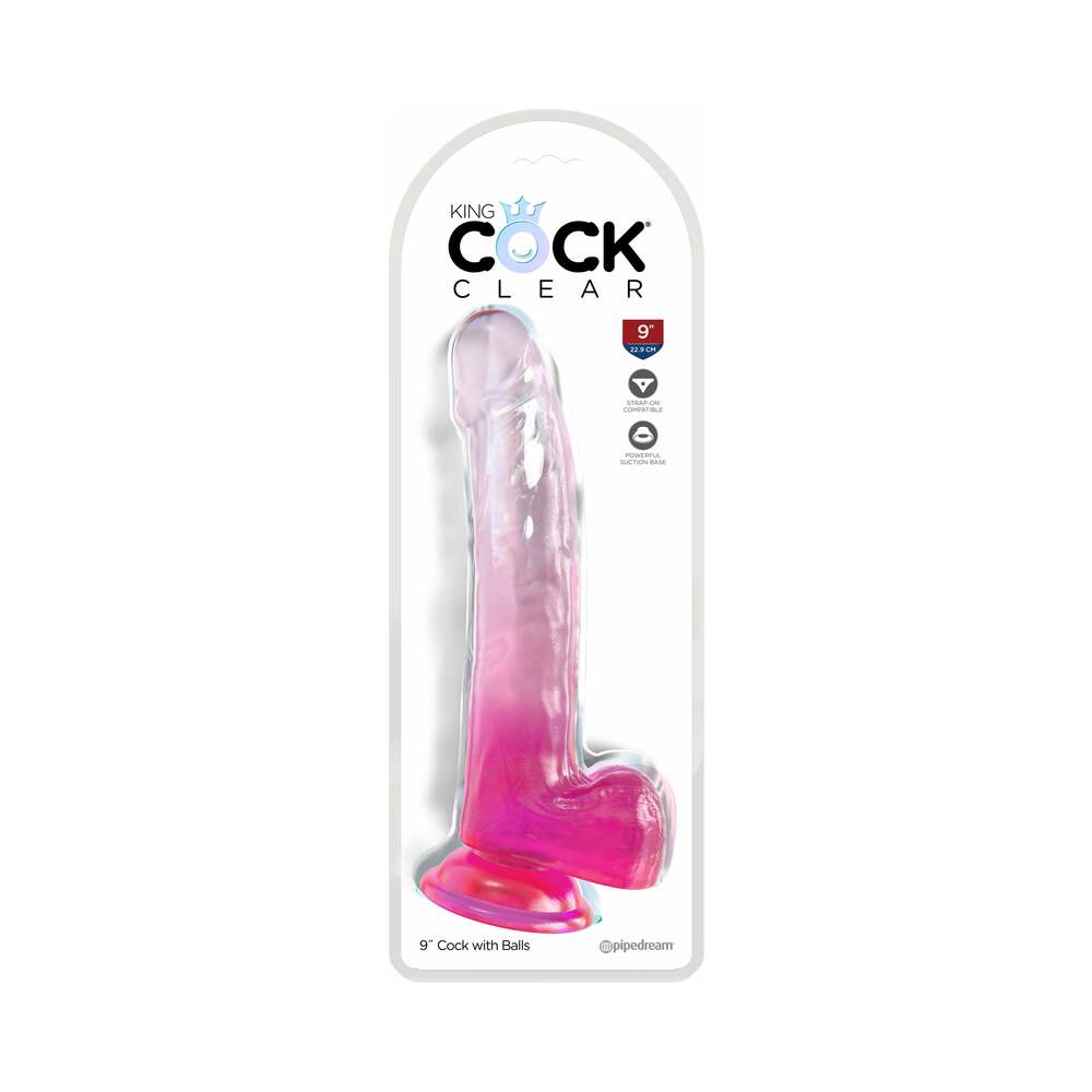 King Cock Clear with Balls 9in Pink - Red Garter