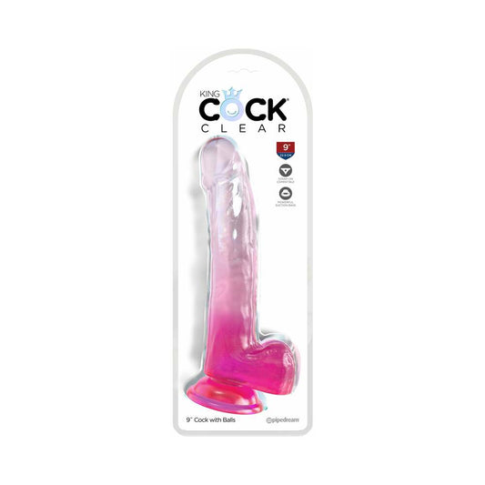 King Cock Clear with Balls 9in Pink - Red Garter