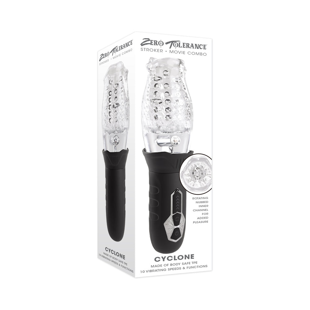 Zero Tolerance Cyclone Rechargeable Vibrating Spinning Stroker Black Clear - Red Garter
