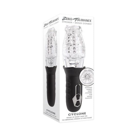Zero Tolerance Cyclone Rechargeable Vibrating Spinning Stroker Black Clear - Red Garter