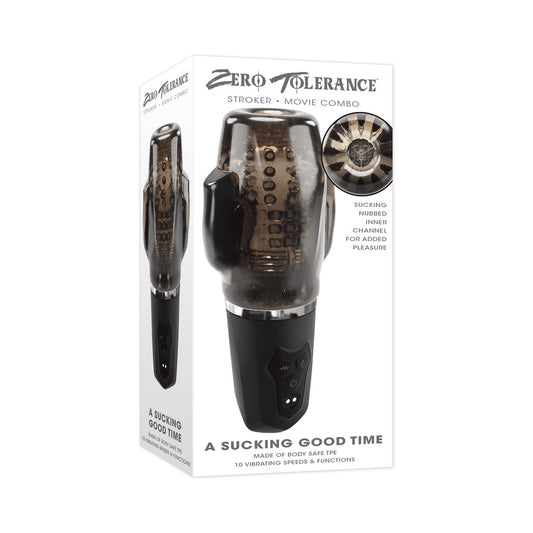 Zero Tolerance A Sucking Good Time Rechargeable Vibrating Stroker Black Smoke - Red Garter