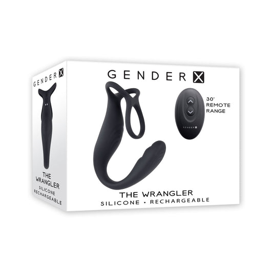Gender X The Wrangler Rechargeable Silicone Vibrating C-ring with Remote Black - Red Garter