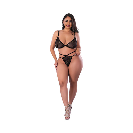 Magic Silk Glitz & Glam Bra and Thong Set Black Queen Size - Red Garter