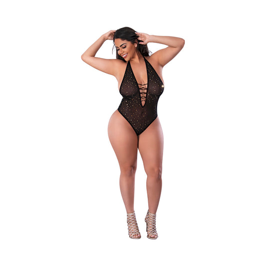 Magic Silk Glitz & Glam Bodysuit with Snap Crotch Black Queen Size - Red Garter