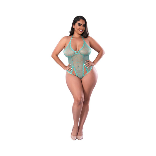 Magic Silk Soft Petals Cut Out Teddy with Snap Crotch Aqua Queen Size - Red Garter