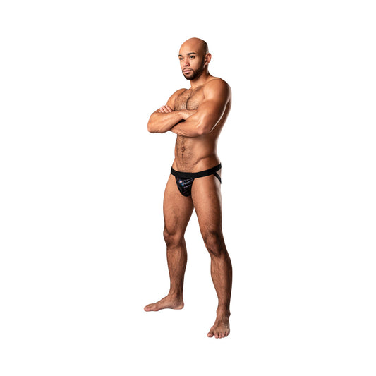Male Power KaleiDickscope Strappy Ring Jock Black S/M - Red Garter