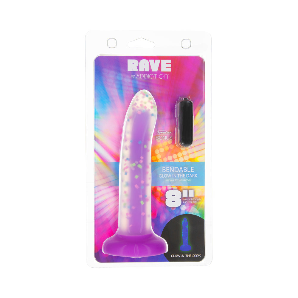 Addiction Rave 8 in. Bendable Glow-in-the-Dark Silicone Dildo Purple Confetti - Red Garter