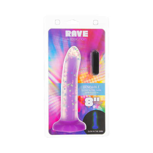 Addiction Rave 8 in. Bendable Glow-in-the-Dark Silicone Dildo Purple Confetti - Red Garter