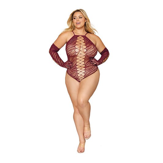 Dreamgirl Seamless Zebra Fishnet Teddy and Glove Set Burgundy Queen Size - Red Garter
