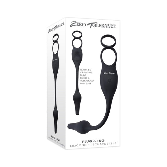 Zero Tolerance Plug & Tug Rechargeable Vibrating C-Ring Combo Silicone Black - Red Garter