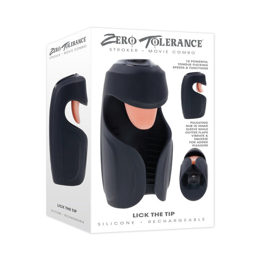 Zero Tolerance Lick The Tip Rechargeable Vibrating Thumping Stroker Silicone Black - Red Garter