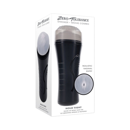 Zero Tolerance Hold Tight Rechargeable Vibrating Squeezeable Cannister Stroker TPE Black/Clear - Red Garter