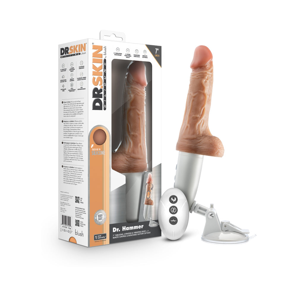 Dr. Skin Silicone Dr. Hammer Thrusting Dildo with Handle 7 in. Beige - Red Garter