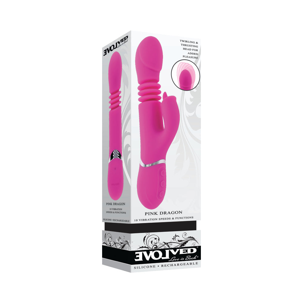Evolved Pink Dragon Rechargeable Thrusting Dual Stimulator Silicone Pink - Red Garter