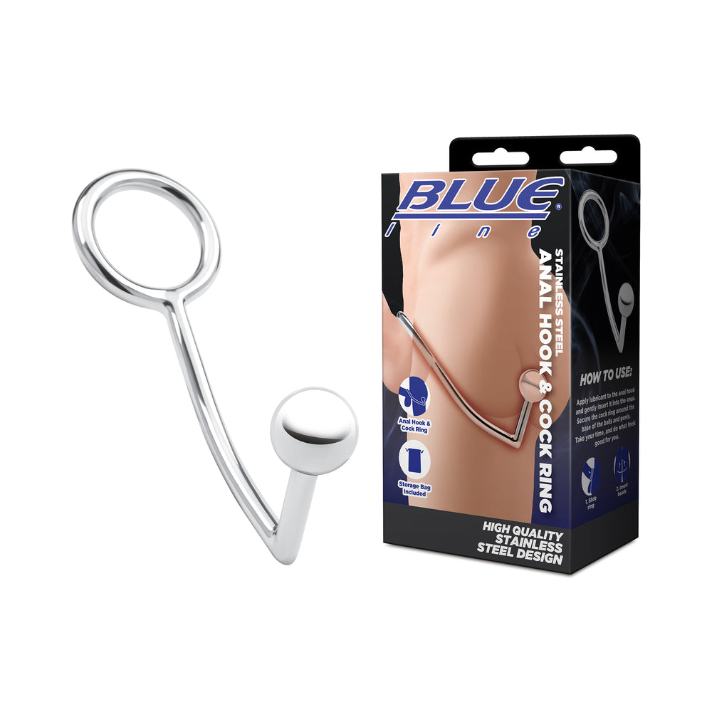 Blue Line Stainless Steel Anal Hook & Cock Ring - Red Garter