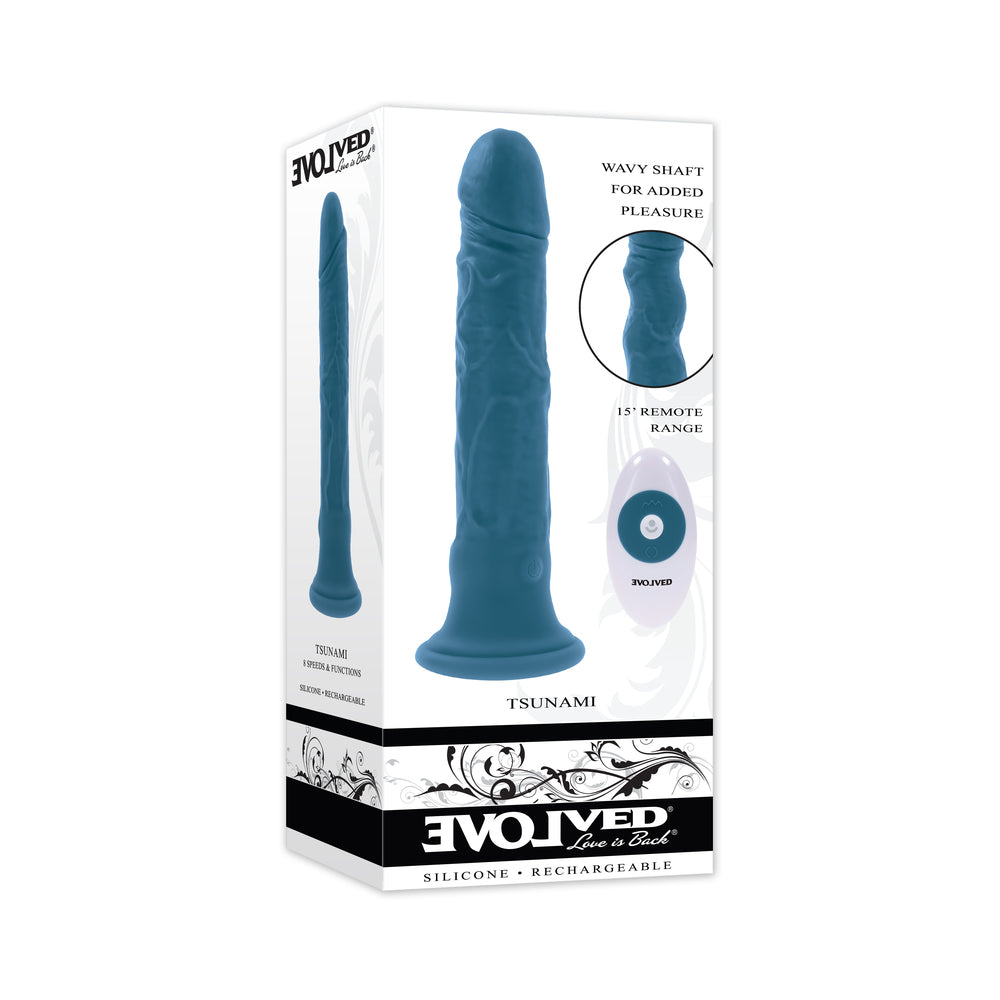 Evolved Tsunami Rechargeable Vibrating Dildo Silicone Teal - Red Garter