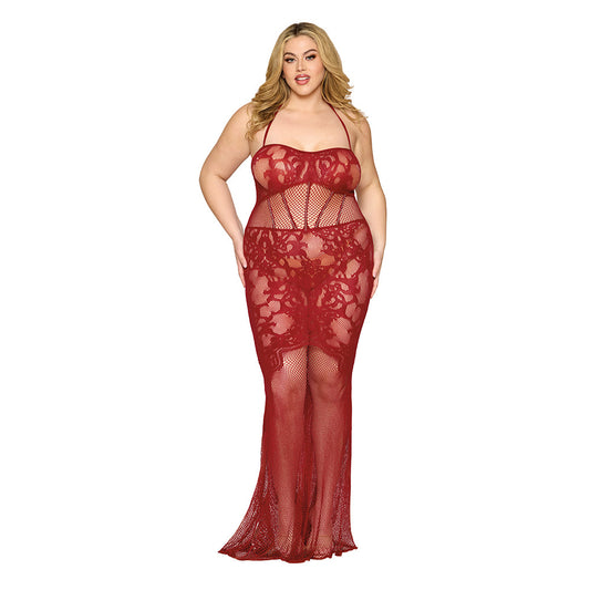 Dreamgirl Lace Bodystocking Gown with Bustier Detail Oxblood Queen Size - Red Garter