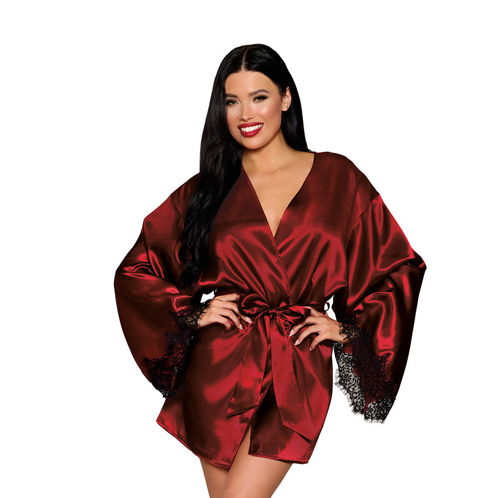 Dreamgirl Open Back Satin Robe with Lace Detail Oxblood L - Red Garter