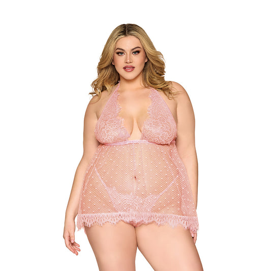 Dreamgirl Lace and Polka Dot Mesh Babydoll and G-String Rose Quartz 3XL - Red Garter